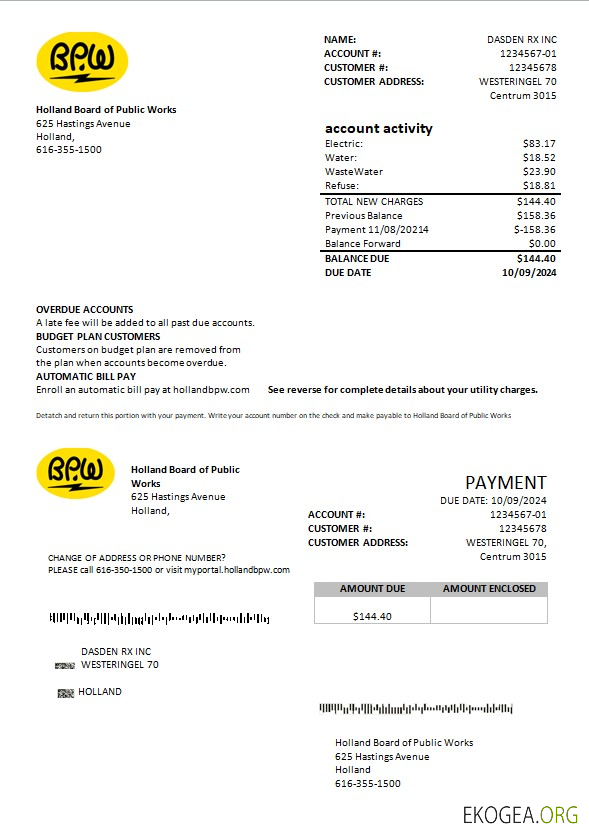 Modèle de facture de services publics BPW des Pays Bas au format Word et PDF